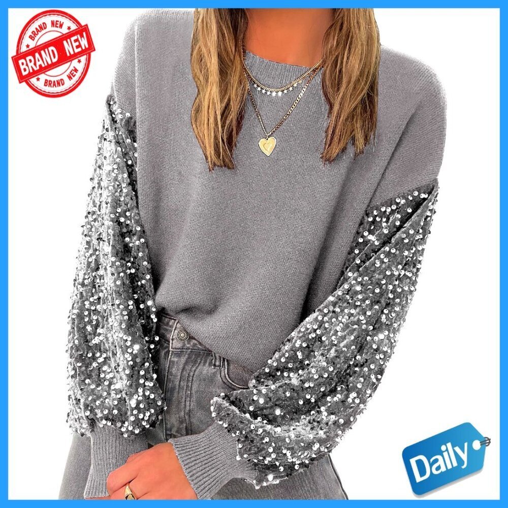 Sequin Patchwork Pullover Sweater Long Sleeve Crewneck Casual Sparkle